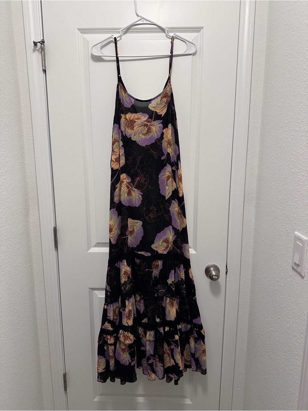 Free People Black Floral Slip Maxi Dress with Lavender and Cream Accents